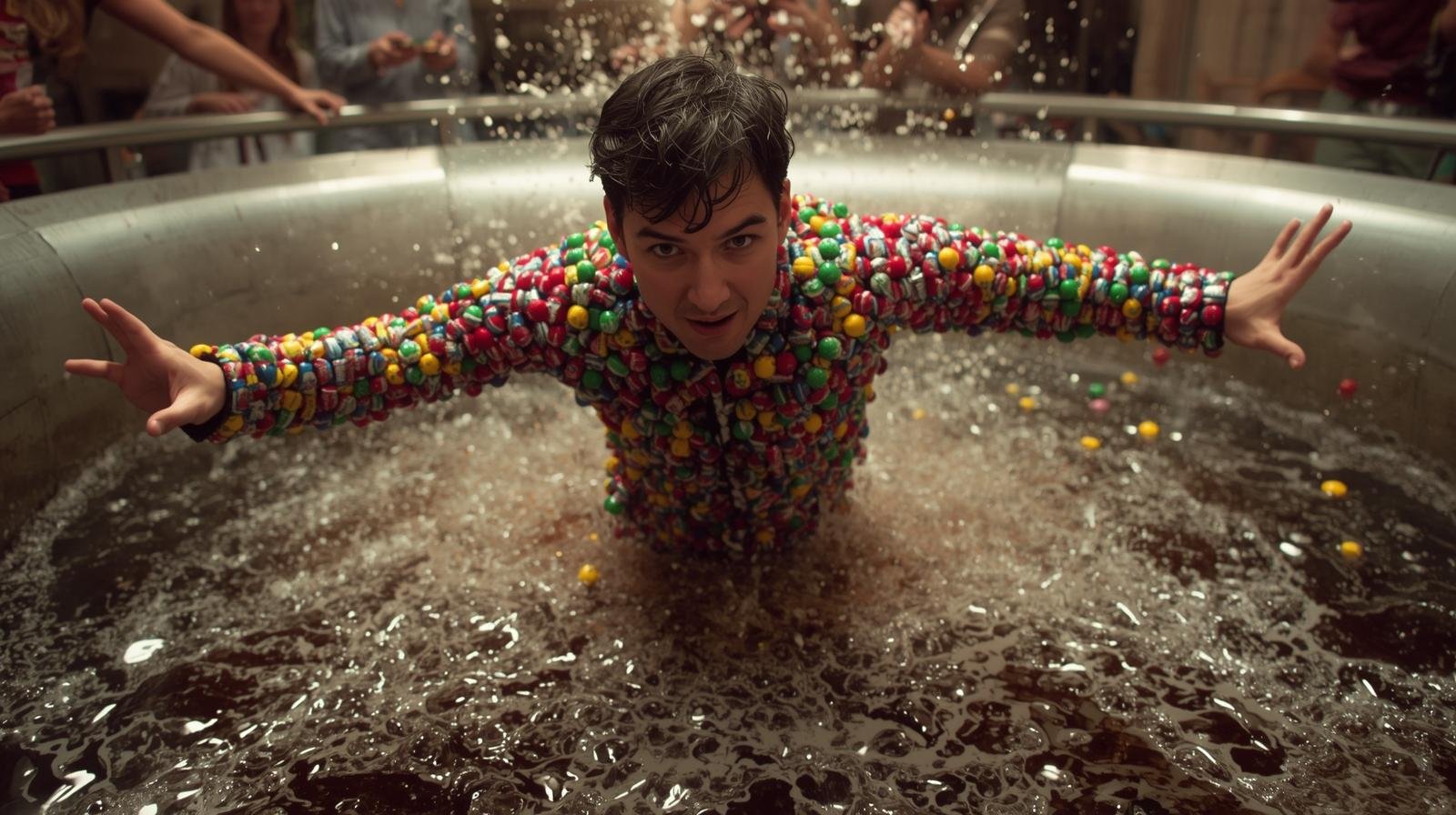 Mentoslarla dolu bir kıyafet giyen bir kişi, diyet kola ile dolu bir tanka atlayınca ne olur_