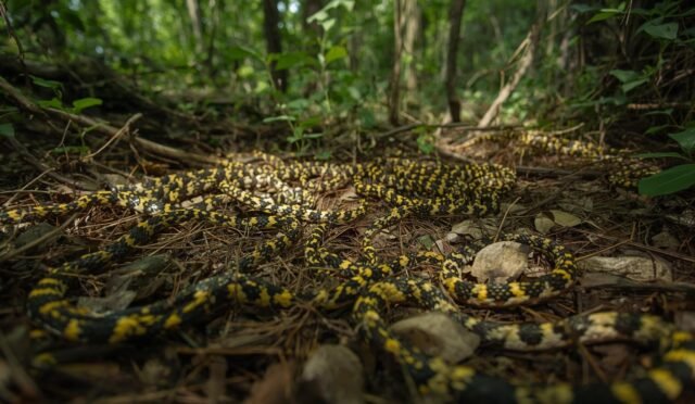 there are a lot of Thamnophis sirtalis infernalis (yellow black stright line) in forest