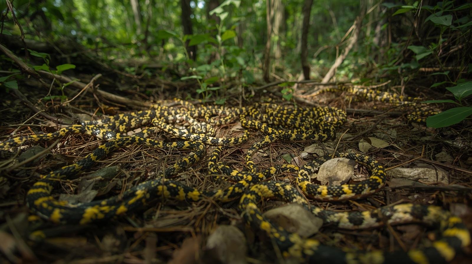 there are a lot of Thamnophis sirtalis infernalis (yellow black stright line) in forest