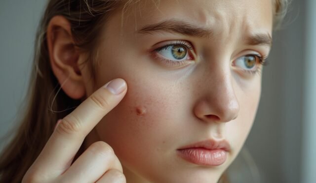 kız yüzündeki sivilceye bakıyor
