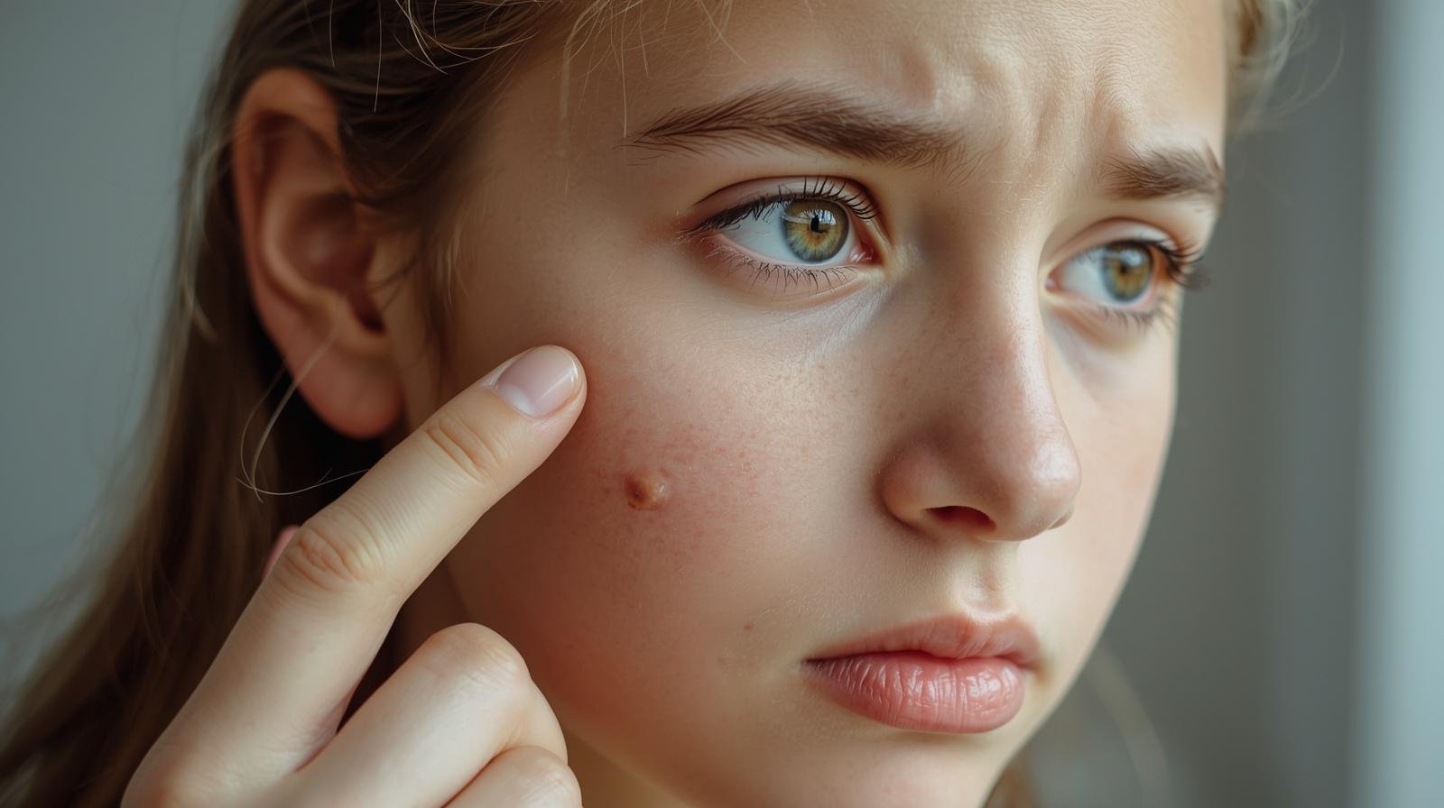 kız yüzündeki sivilceye bakıyor