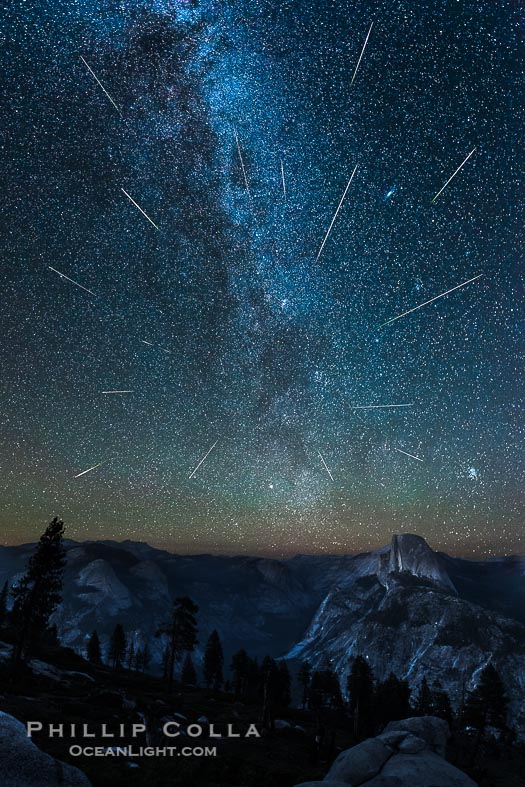 Perseid Meteor Shower and Milky Way, over Half Dome and Yosemite National Park