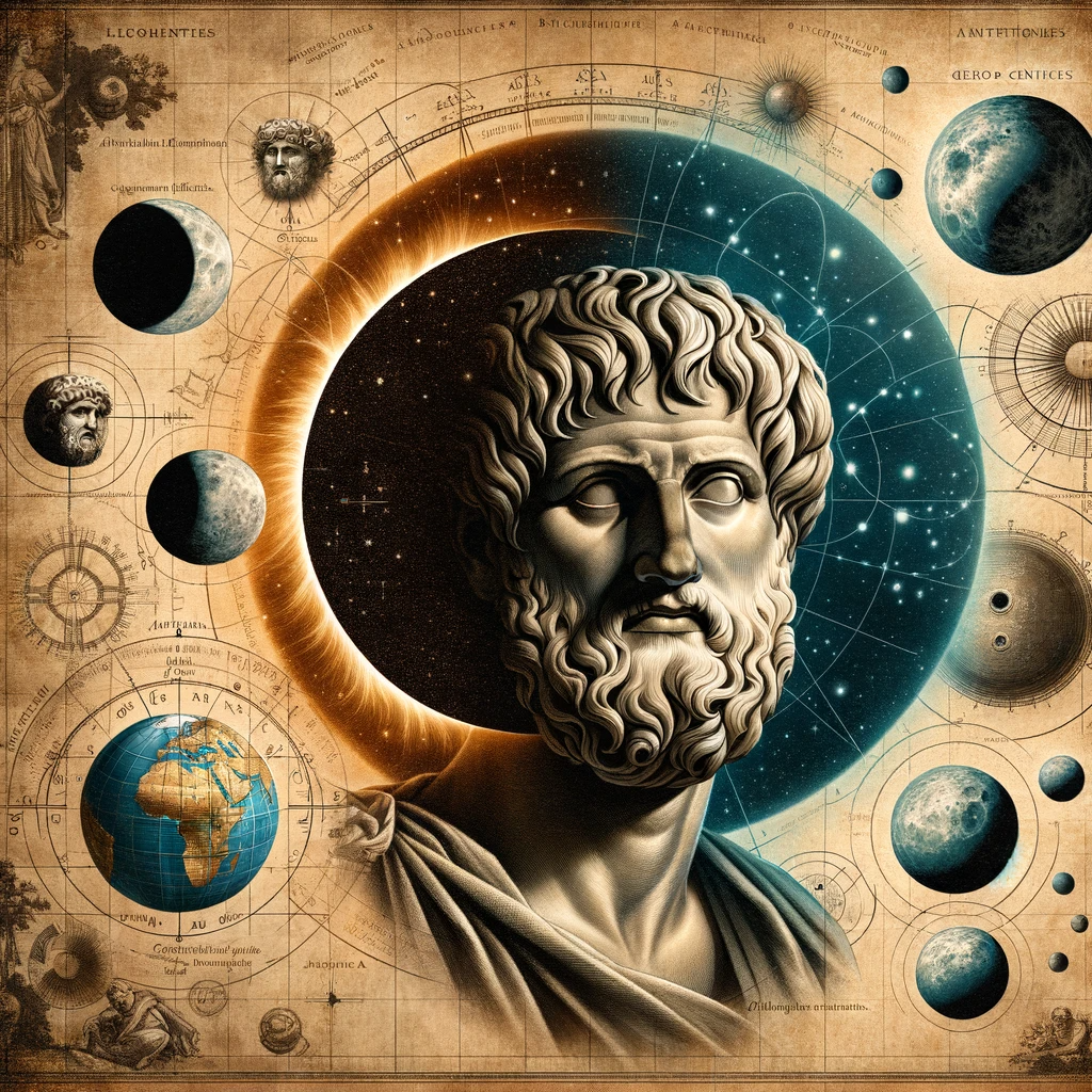 DALL·E 2024 01 12 12.30.46 A collage representing the ancient Greek philosopher Aristotles views on the shape of the Earth. The image includes a depiction of a spherical Earth