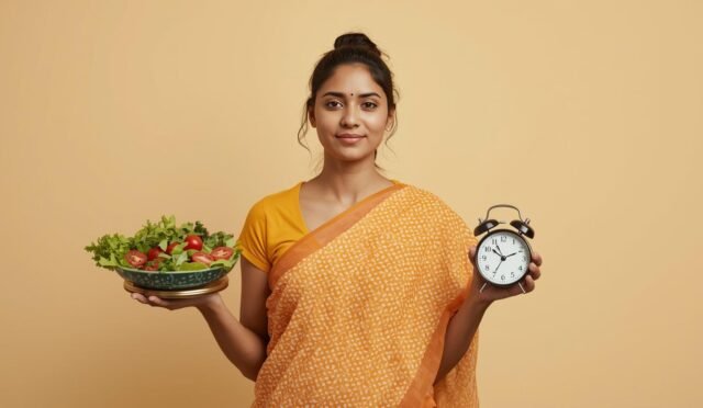 bir kadın elişnde salata diğer elinde çalar saat tutuyor