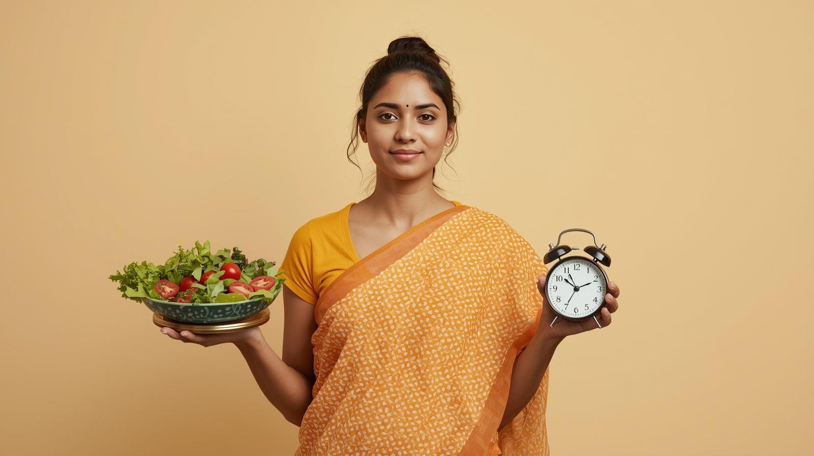 bir kadın elişnde salata diğer elinde çalar saat tutuyor